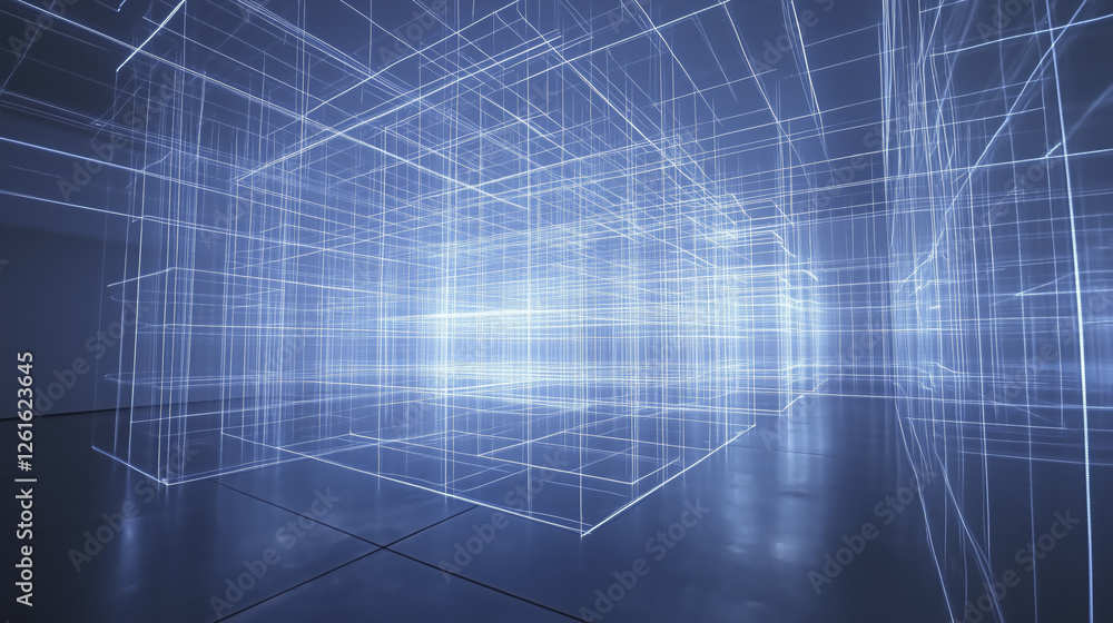 Poster futuristic digital grid with glowing lines creates abstract, immersive space, suggesting virtual env