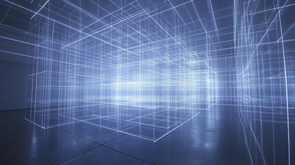 futuristic digital grid with glowing lines creates abstract, immersive space, suggesting virtual environment or digital architecture. blue tones and geometric patterns evoke sense of technology