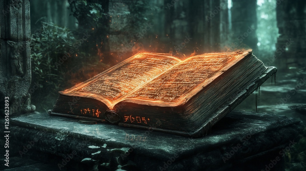 Poster an ancient illuminated spellbook rests on a stone in a mystical forest setting