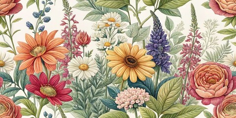 Rustic Flower Garden Texture: Candid Photography, Blooming Wildflowers, Vintage Garden, Floral Background, Natural Texture
