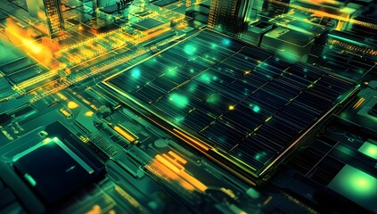 Futuristic circuit board with solar panel, city lights background