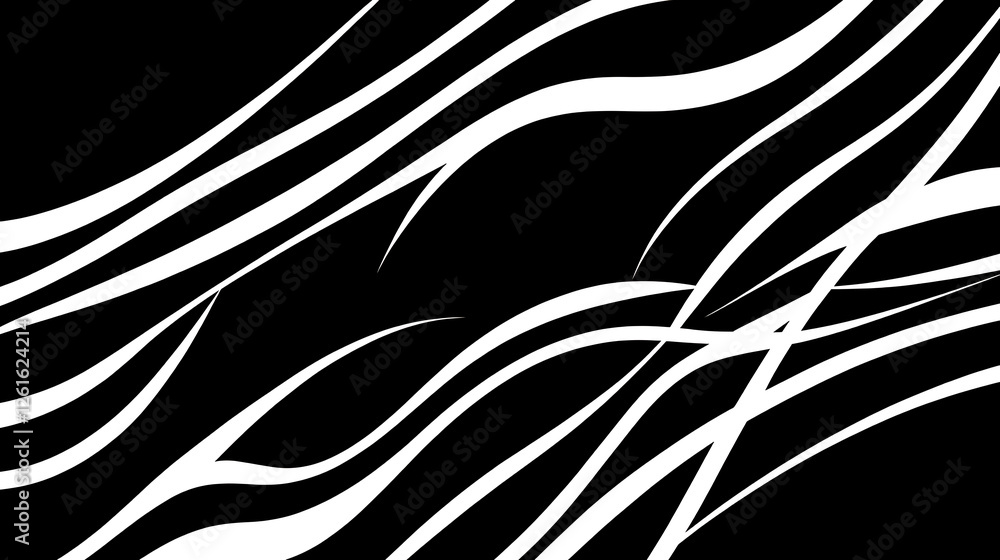 Poster dynamic interplay of black and white curved lines abstract design and pattern composition