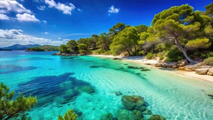 Fototapeta premium Turquoise waters lapping against white sandy shores of Porquerolles Island with lush greenery in the background, Porquerolles island, Mediterranean sea