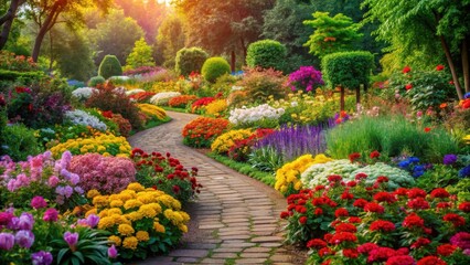 Fototapeta premium Colorful flowers bloom in a vibrant garden with winding green pathways and lush foliage surrounding them, colorful