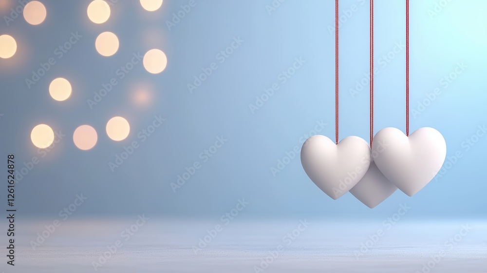 Poster three white hearts suspended by red strings against a soft blue background, illuminated by gentle bo