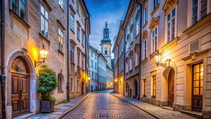 Narrow cobblestone street lined with Baroque-era architecture and historic buildings in Salzburg's Old Town at dusk, salzburg, tower