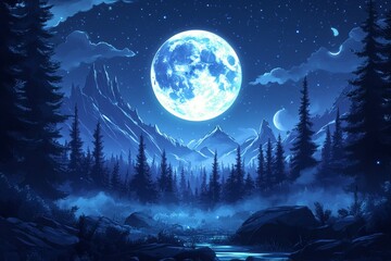 Blue Moonlit Mountain Forest Night Scene