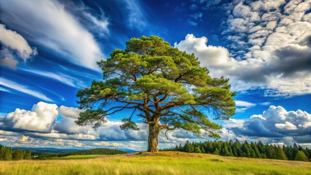 Ancient tree stands alone against a bright blue sky with fluffy white clouds in Scandinavian forest landscape, landscape