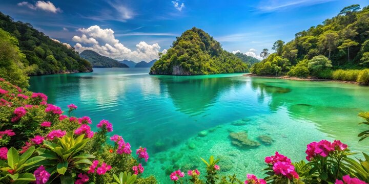 Lush greenery and vibrant flowers surround a tranquil turquoise lagoon in the Mergui Archipelago's crystal-clear waters , merguia archipelago, tropical paradise