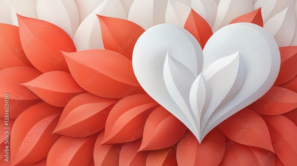 Poster a vibrant composition featuring a white heart surrounded by layered red and peach leaves, creating a