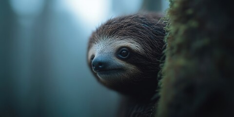Fototapeta premium Wildlife Conservation Concepts. Sloth peeking from behind a tree in a misty forest setting.