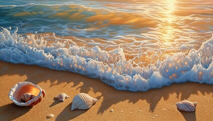 Seashells on golden beach at sunrise