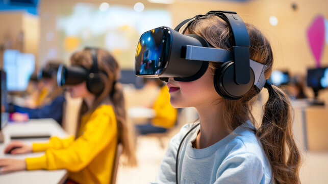 Immersive virtual reality experience in classroom setting, showcasing students engaged in innovative learning methods. atmosphere is filled with excitement and curiosity