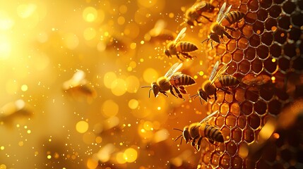 Bees gathering nectar near a honeycomb under warm sunlight with a blurred golden background