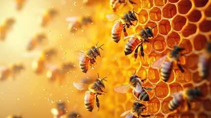 Close-up of bees gathering nectar from honeycomb in a vibrant, sunlit environment