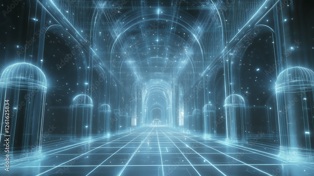 Poster futuristic digital corridor with glowing blue grid lines and arches creates sense of depth and techn