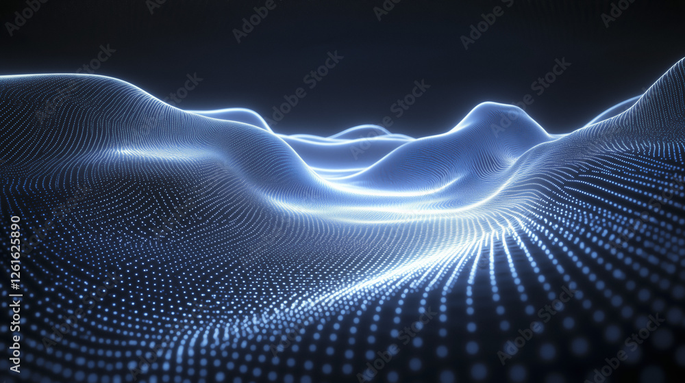 Poster glowing digital landscape of interconnected points and lines forms futuristic wave pattern, evoking 