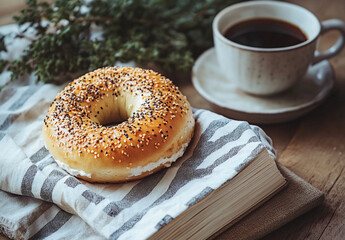Bagel with Cream Cheese and Coffee, on a Striped Napkin