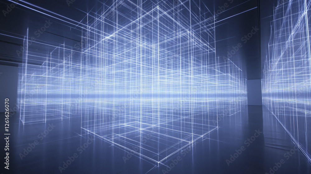 Aufkleber futuristic digital grid with glowing lines forming abstract geometric shapes in virtual space. blue 