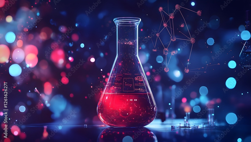 Poster Lab flask with red liquid, abstract science background
