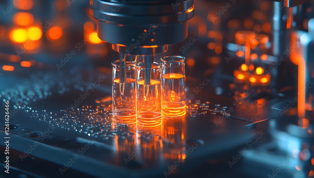 Poster Automated lab process, samples being analyzed, high-tech lab, glowing liquids