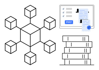 Blockchain network connected to multiple nodes, online payment screen showing receipt and pay button, stack of books. Ideal for financial technology, payment security, data integrity, decentralized