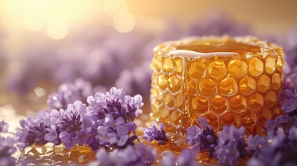 Close-up of honeycomb surrounded by blooming lavender flowers with a warm, soft background light
