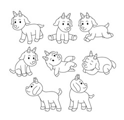 Set of goat doodle collection, flamingo outline coloring page book animals for kindergarten, Vector line art set of animals wildlife, Hand drawn, Minimal goat line art doodle in different pose