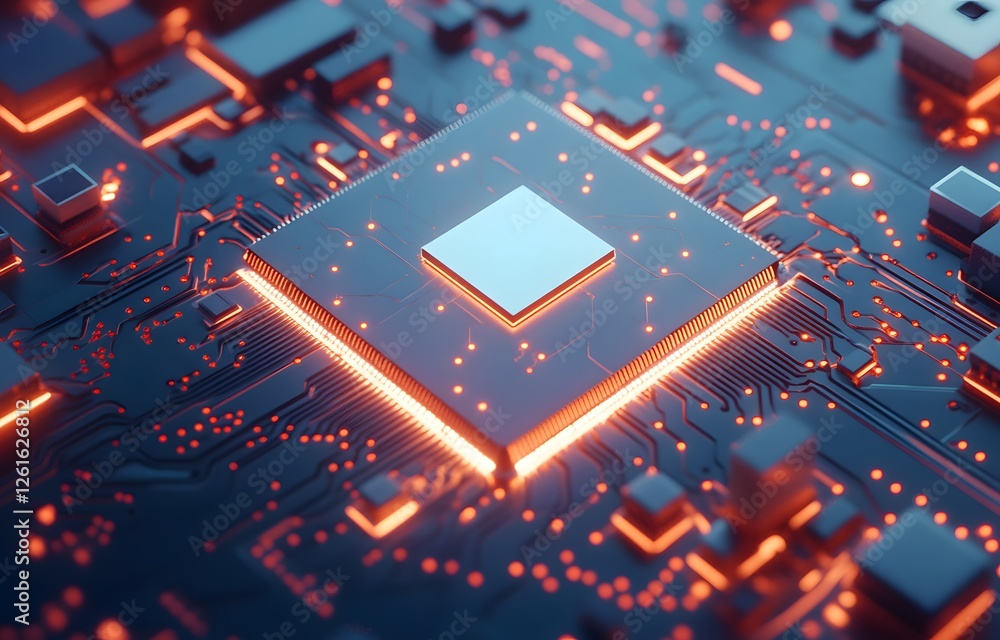 Poster illuminated cpu on circuit board, high-tech design