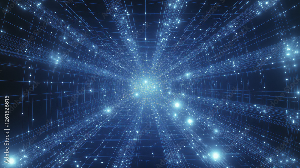 Poster glowing network of interconnected lines and points creates futuristic digital tunnel, evoking sense 