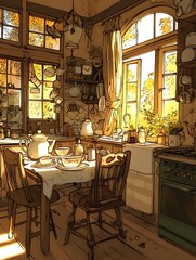 A charming 1930s cartoon-style kitchen featuring bright colors and vintage decor.