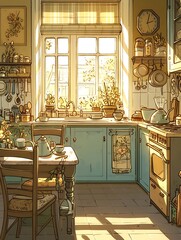 A charming 1930s kitchen illustrated in cartoon style with vibrant colors and unique design elements.