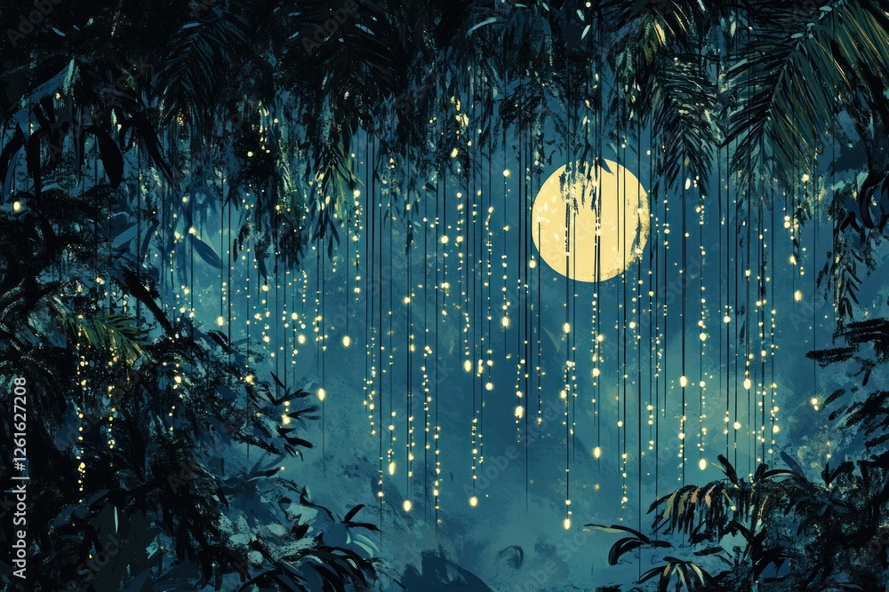 Poster a magical jungle scene with coniferous trees dripping with glowing dew under the moonlight.