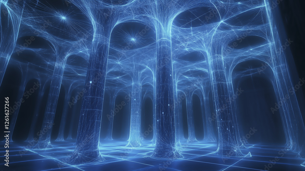 Aufkleber digital network of glowing blue columns creates futuristic, ethereal atmosphere. intricate web of li