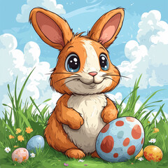 Cute cartoon style Easter bunny with colorful eggs in grassy field