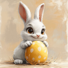 Cute cartoon style bunny with yellow egg, perfect for Easter celebrations