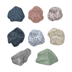 Set of igneous rock collection,  Basalt Agglomerate Granite and Andesite. Rock that forms when magma cools and solidifies, isolated on white background, flat vector illustration.
