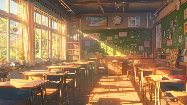 Bright cartoon-style classroom illustration featuring a cheerful atmosphere.