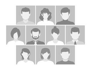 Set of image placeholder collection, Monochrome Face Placeholders Default Diverse People Avatars, Social Media Profiles man and woman, faceless, with gray background, isolated on white background.
