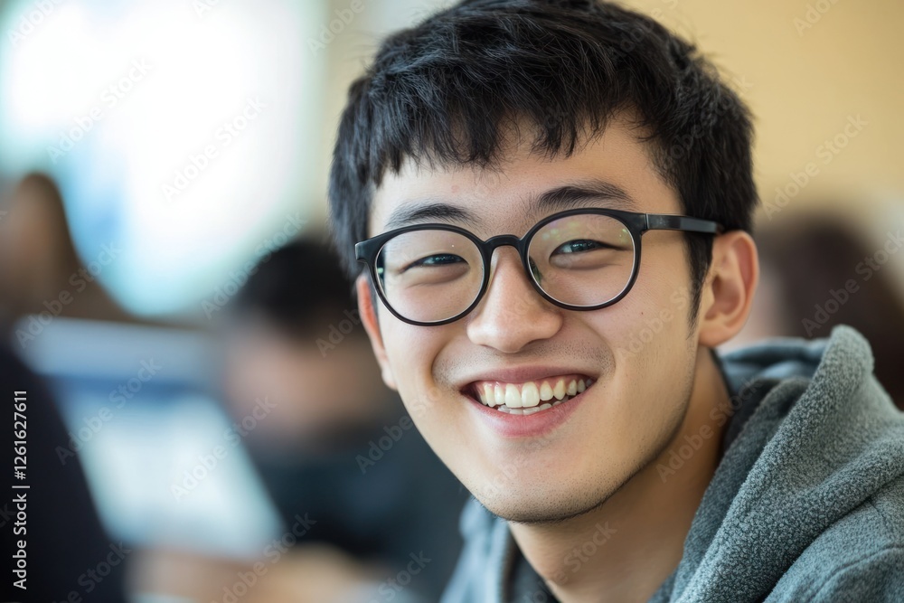 Poster a male learner smiling while interacting with a remote teacher on a virtual platform.