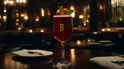 Elegant Cocktail with Floral Garnishes at Sophisticated Restaurant Table Setting Scene 98 chars