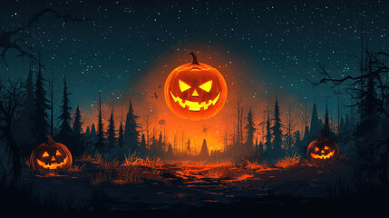 spooky Halloween scene featuring glowing pumpkins in dark forest
