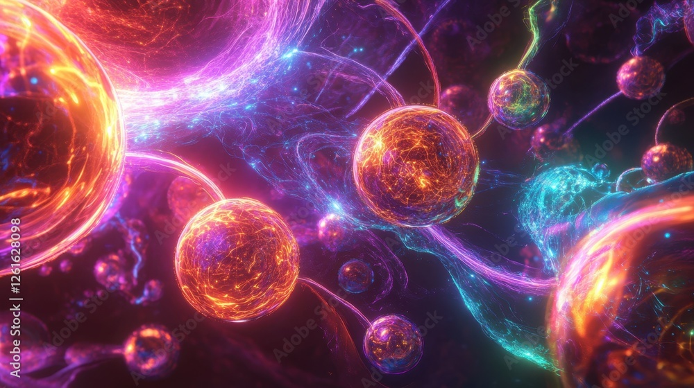 Poster digital art depicting a network of interconnected, glowing orbs with energy-like lines flowing betwe