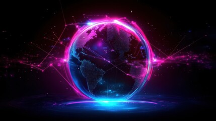 Fototapeta premium Digital globe with neon light trails linking major cities, symbolizing internet traffic and networks.