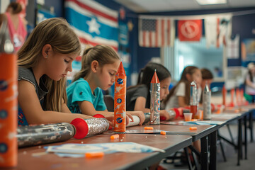 kids space crafts, model rocket building supplies spread across the table, with space-themed banners and enthusiastic dreamers at the event