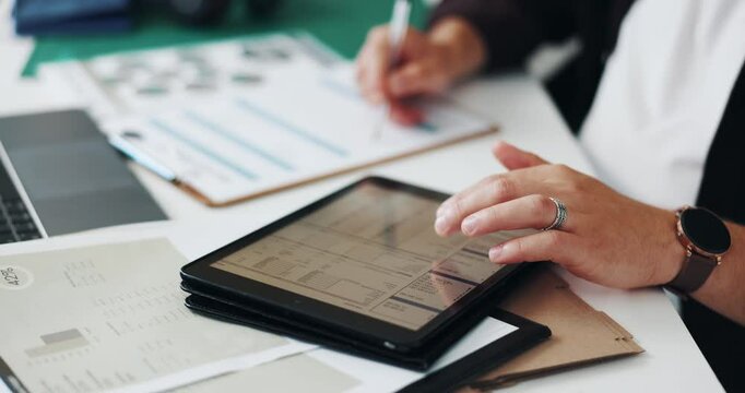 Hands, supply chain and tablet screen with person in office for online order logistics or shipping schedule. Documents, delivery or distribution with employee at work desk for import and export