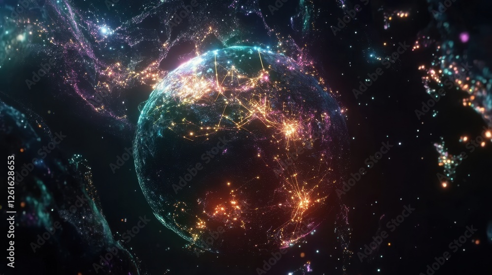 Poster digital visualization of earth with moving data lines and connection nodes glowing in space