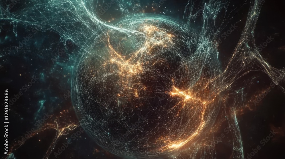 Poster digital visualization of earth with moving data lines and connection nodes glowing in space