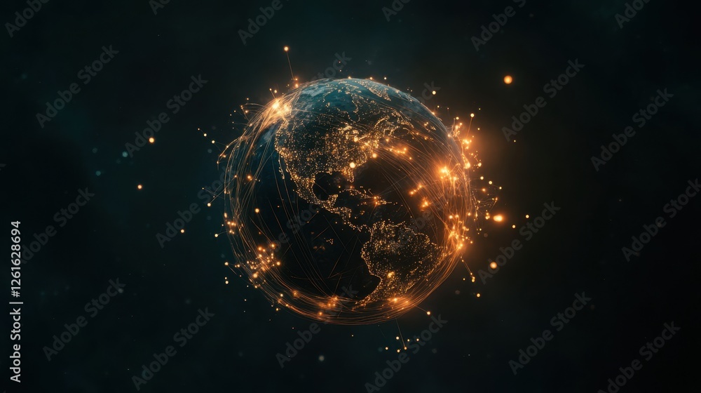 Poster digital visualization of earth with moving data lines and connection nodes glowing in space