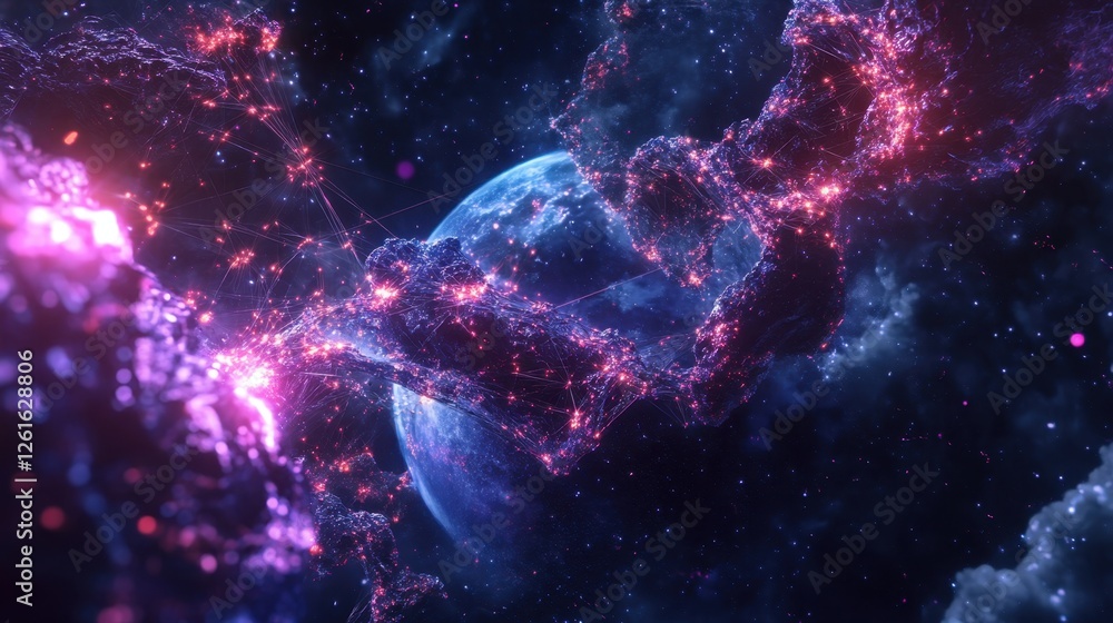 Poster digital visualization of earth with moving data lines and connection nodes glowing in space